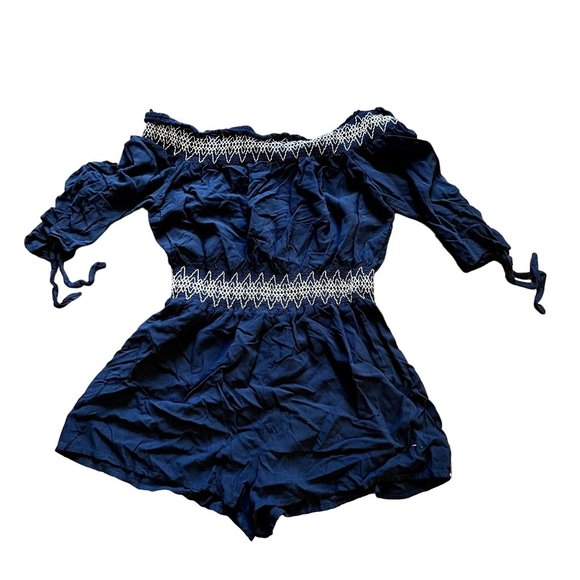 Go CoCo Off the Shoulder Navy Romper Size Medium - Picture 1 of 6